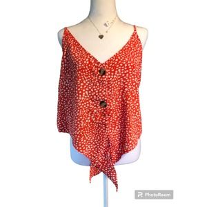Shein‎ Large Buttoned Red Orange Tie Knot Top